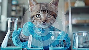 Humorous illustration of a cat as a scientist showcasing its cleverness and curiosity as it invest