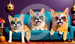 A humorous illustration of a cat and a dog wearing sugar skull face makeup and sombreros, sitting on a couch