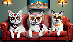 Vtipný ilustrace z kočka pes nošení cukr lebka kosmetické prostředky sombrera na gauč 
