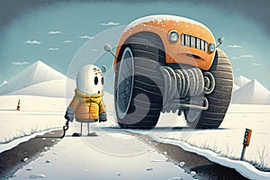 humorous illustration of character, changing tires on snow-covered road