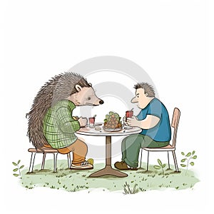 Humorous Illustration Of Two Men And A Hedgehog Enjoying Tea