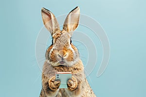 Humorous image of a rabbit seemingly using a smartphone