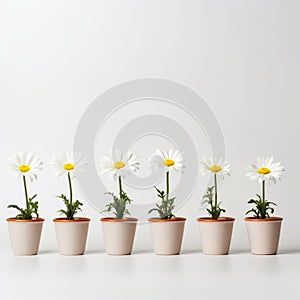 Humorous Minimalistic Imagery: White Daisies In Various Sized Pots