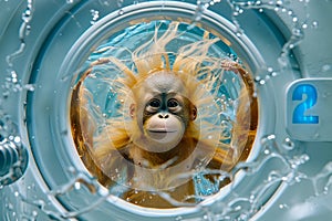 Humorous Monkey Face Trapped in Washing Machine Door with Splashing Water Fun and Bizarre Household Imagery