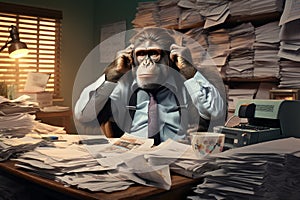 Humorous Monkey sitting office. Generate Ai