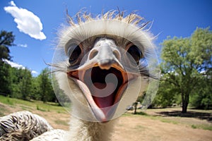 Humorous Ostrich selfie funny head. Generate Ai