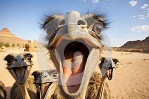 Humorous Ostrich selfie funny head. Generate Ai