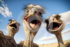 Humorous Ostrich selfie funny head. Generate Ai