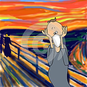 Humorous parody of the scream painting by Edvard Munch wearing a face mask.