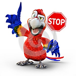 Humorous parrot holding a stop sign stop and look concept