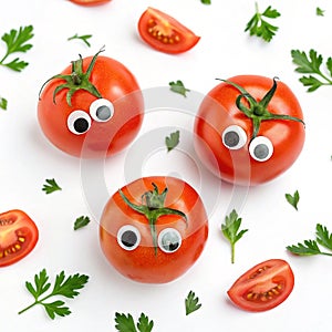 Funny tomatoes with googly eyes over white photo