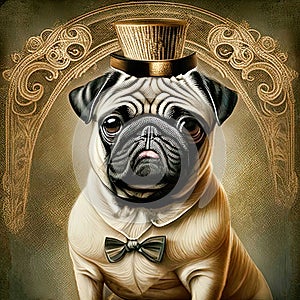 A humorous portrait of an anthropomorphic pug in vintage style