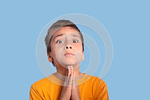 Humorous portrait of a boy begging for a request on a blue background in the studio