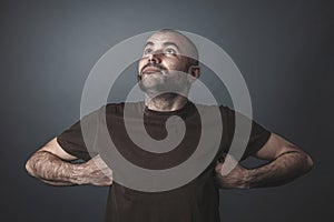 Humorous portrait of Caucasian man looking up