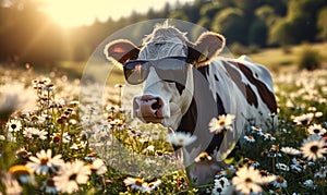 Humorous portrait of a happy cow with sunglasses in a sunny field of daisies, representing joy, summer vibes, whimsy in nature