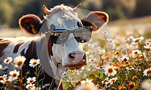 Humorous portrait of a happy cow with sunglasses in a sunny field of daisies, representing joy, summer vibes, whimsy in nature