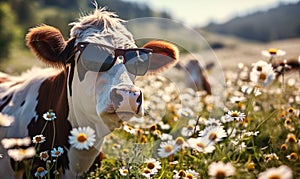 Humorous portrait of a happy cow with sunglasses in a sunny field of daisies, representing joy, summer vibes, whimsy in nature