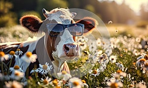 Humorous portrait of a happy cow with sunglasses in a sunny field of daisies, representing joy, summer vibes, whimsy in nature