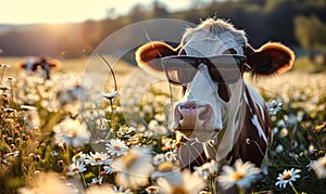 Humorous portrait of a happy cow with sunglasses in a sunny field of daisies, representing joy, summer vibes, whimsy in nature