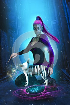 Modern Young Witch With Her Dog Into Troubles photo