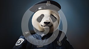 Humorous Portrait Of Panda In Police Uniform: Hyper-realistic Animal Illustration