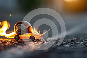 A humorous portrayal of a snail racing on toy wheels with a fiery effect