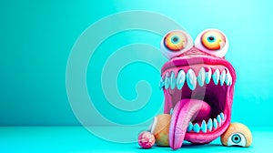 A humorous and quirky 3D illustration of a cartoonish pink monster with bulging yellow eyes and a large gaping mouth set