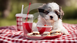 A humorous scene of a Havanese puppy dog in a red bowl at a picnic with miniature sandwiches