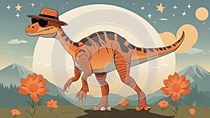 _A humorous scene with a sauropod dinosaur wearing a hat and sunglasses.