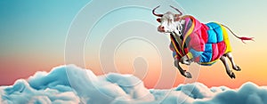 A humorous and surreal depiction of a cow wearing a colorful skydiving suit, floating mid-air amidst fluffy clouds, invoking photo
