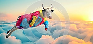 A humorous and surreal depiction of a cow wearing a colorful skydiving suit, floating mid-air amidst fluffy clouds, invoking photo