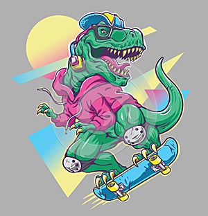 Humorous T rex Dinosaur riding on skateboard. Cool 80â€™s illustration style.