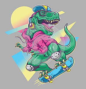 Humorous T rex Dinosaur riding on skateboard. Cool 80Ã¢â¬â¢s illustration style. photo