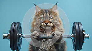 Humorous tabby cat lifting weights against blue background.