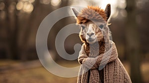 Humorous Uhd Image Of Medium Brown Alpaca With Scarf photo