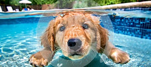 Humorous underwater shot dog dives deep on summer vacation with close up underwater view