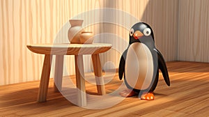 Humorous Vray Tracing: A Cartoony Penguin Pot On A Table