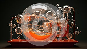 A humorous water ball contraption with water-filled spheres swirling in unexpected and amusing patterns