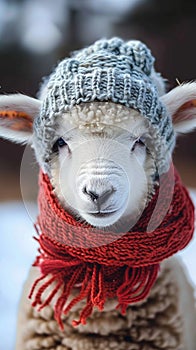 Humorous winter touch Cute sheep dons knitted scarf and beanie
