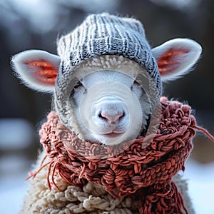 Humorous winter touch Cute sheep dons knitted scarf and beanie