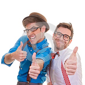 Humour, business men with thumbs up for success