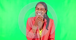 Humour, girl and portrait with laugh in green screen with indian for goofy or silly mindset in studio background