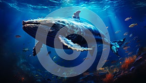 Humpback tygaglia exuviae. Humpback whale and small fish in the beautiful sea underwater. Archivio Fotografico photo