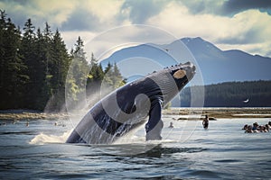 Humpback whale in Alaska, USA. Humpback whale in the water, Alaska whale watching boat excursion, AI Generated