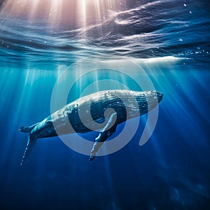 humpback whale in blue ocean underwater, generative AI