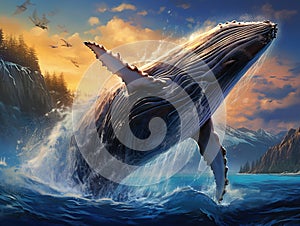 Humpback whale breaches on calm crystal blue waters
