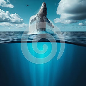 Humpback whale breaches the surface of the deep blue ocean