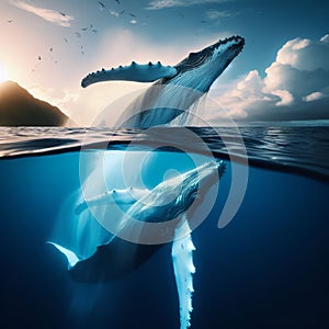 Humpback whale breaches the surface of the deep blue ocean