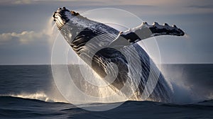 Humpback whale breaching in blue ocean water