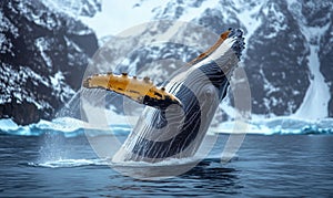 Humpback whale breaching in icy waters surrounded by snow-capped mountains
